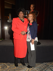 Mattie J. Eley Nursing Scholarship Recipient Menna L. Assefa (student at Avila University) with Mrs. Mattie J. Eley giving her the award